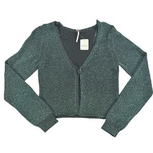 New Free People Emmaline Metallic Cardigan Women SM Cropped Fairy festive boho